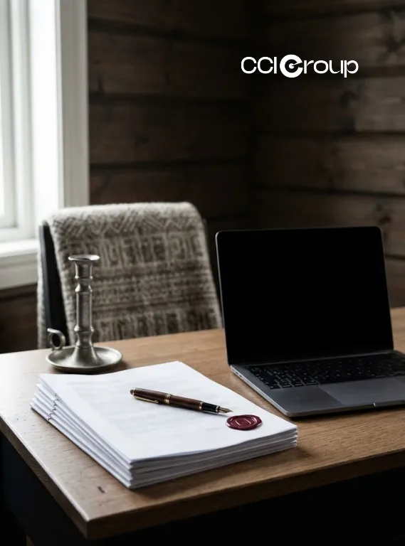 Laptop, fountain pen, wax-sealed documents, and candlestick on a wooden desk.