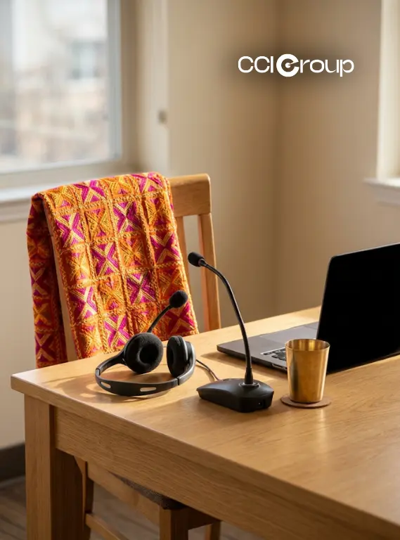 Interpretation headset microphone laptop and brass cup on wooden desk with embroidered textile