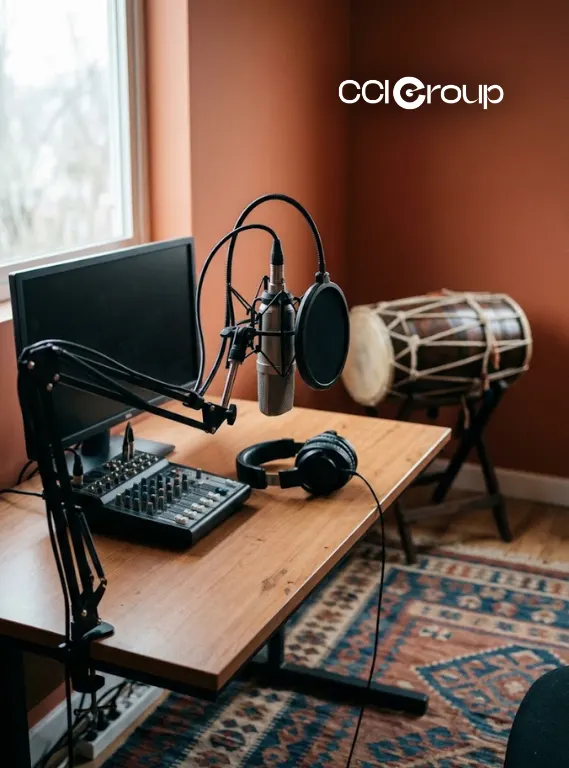 MyCCIGroup studio desk with microphone monitor mixer headphones and traditional drum for Punjabi localization services community trade platforms
