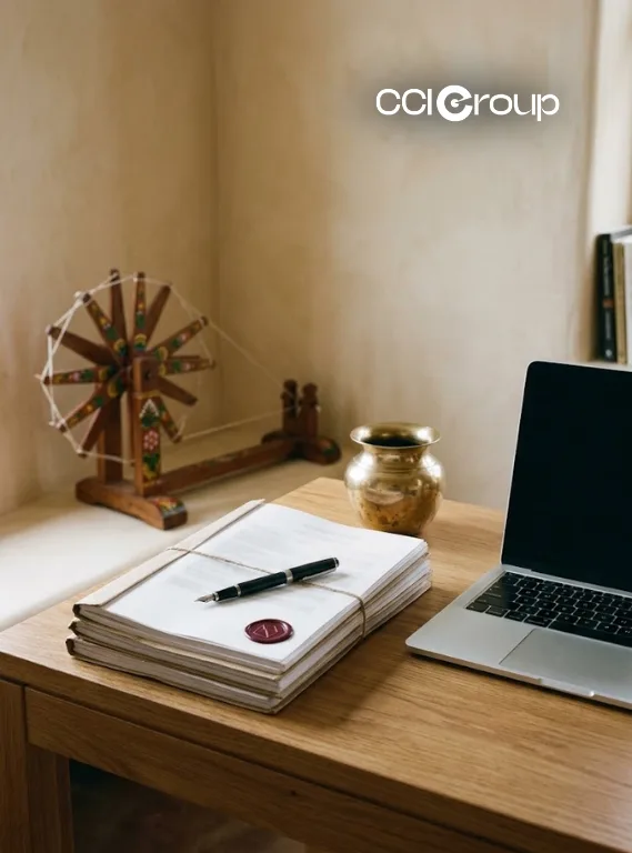Bound documents pen wax seal and laptop on desk with traditional spinning wheel