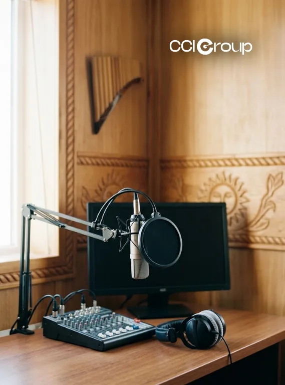Recording studio with wooden desk audio mixer computer monitor condenser microphone pop filter boom arm headphones and pan flute on carved wooden walls for Romanian localization services