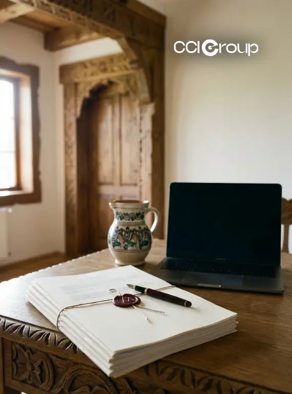 Carved wooden desk sealed documents pen laptop ceramic pitcher CCI Group Romanian translation services