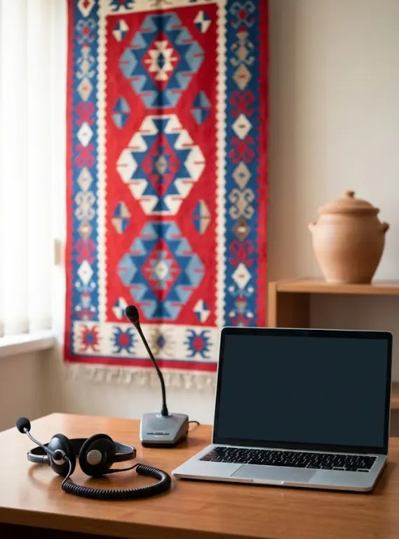 Interpretation headset microphone and laptop on desk with traditional woven textile