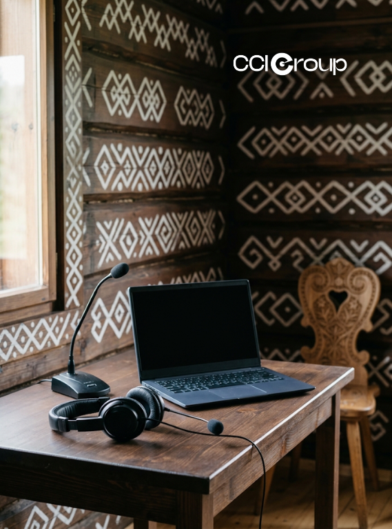 Interpretation headset microphone and laptop on wooden desk in traditional cabin