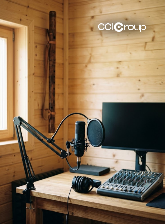 Professional recording studio with boom microphone mixer headphones and monitor in wooden cabin for Slovak localization services by CCI Group