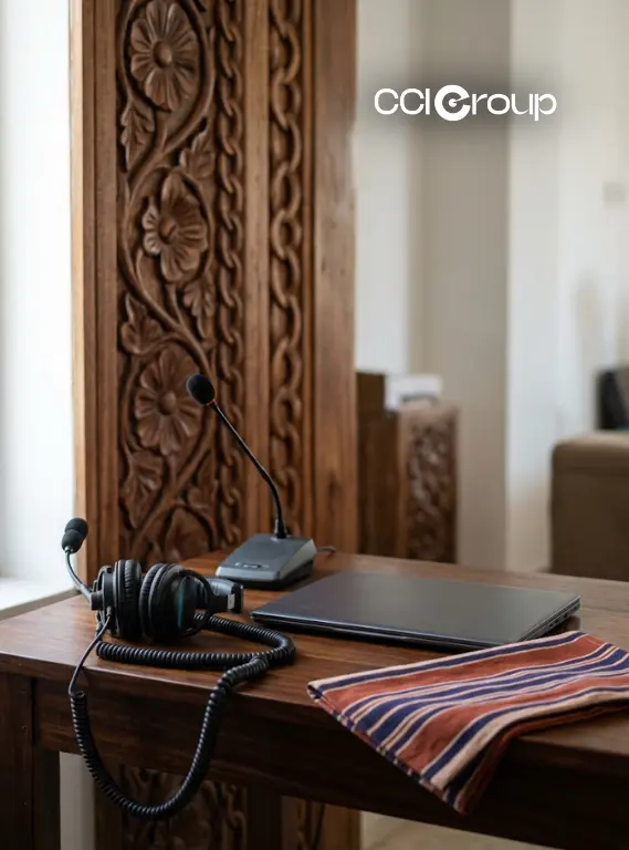 Interpretation headset microphone and laptop on wooden desk with carved panel