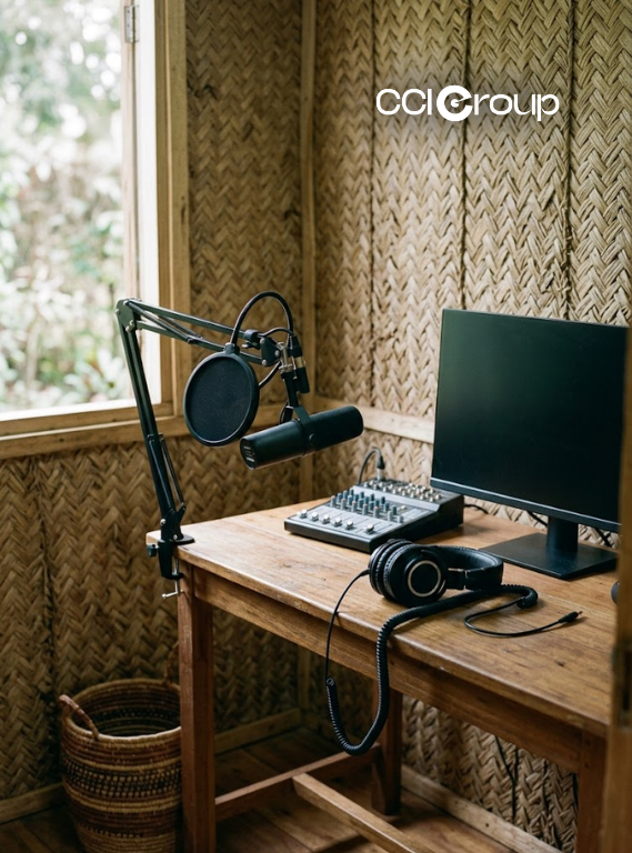 MyCCIGroup wooden desk with microphone audio mixer monitor and headphones in woven wall room for Swahili localization services digital NGO platforms