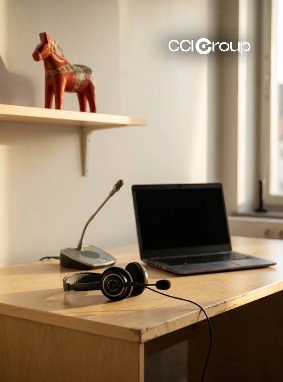 Interpretation headset microphone and laptop on desk with Swedish Dala horse