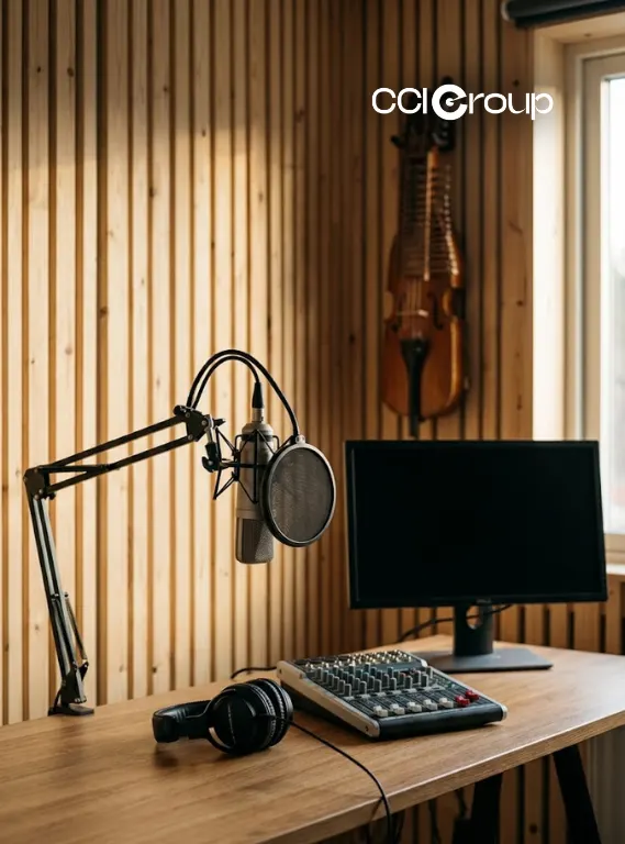 Studio microphone, mixer, headphones, and monitor with a Nyckelharpa on a wood-panel wall.