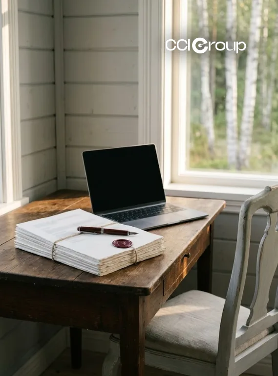 Laptop, fountain pen, and wax-sealed papers on a wooden desk by a window