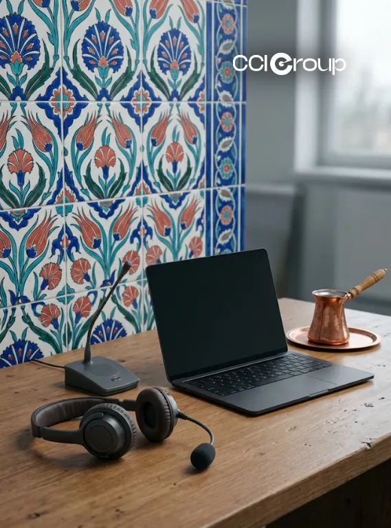 Interpretation headset microphone laptop and copper pot on wooden desk with tiled wall