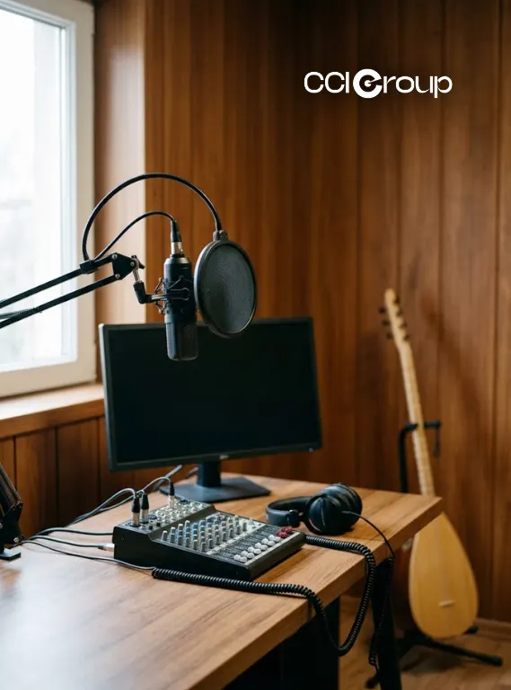 Professional audio recording studio with condenser microphone pop filter boom arm computer monitor mixing console headphones Turkish saz instrument and CCI Group logo on wooden desk against wood paneled wall for Turkish localization services