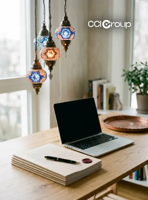 Wooden desk with sealed legal documents fountain pen laptop hanging Turkish mosaic lamps copper tray and plant for professional Turkish translation services CCI Group