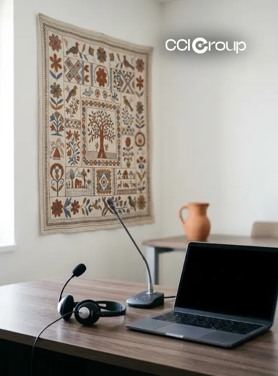 Interpretation headset microphone and laptop on desk with traditional embroidered wall hanging