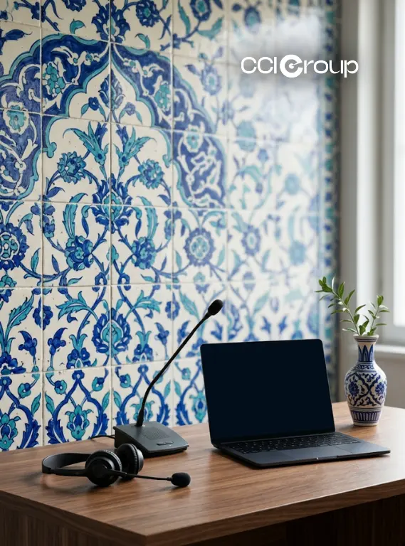 Interpretation headset microphone and laptop on desk with decorative tiles and vase