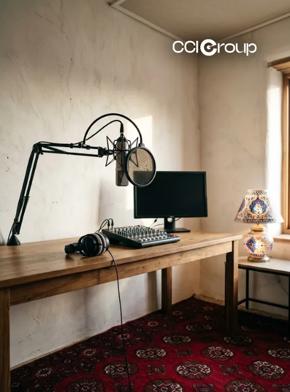MyCCIGroup wooden desk with microphone mixer monitor headphones and traditional lamp on patterned rug for Urdu localization services websites apps public content