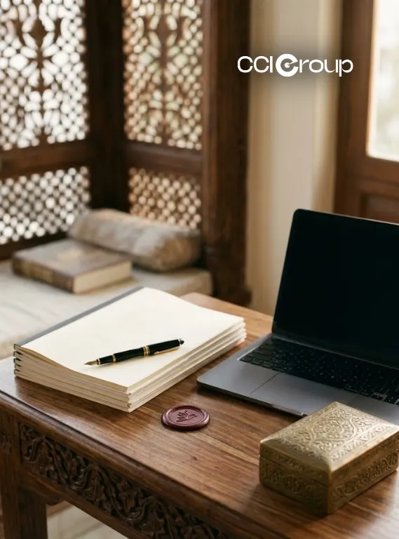 Urdu translation services for legal medical and immigration documents with laptop notebook pen wax seal and traditional wooden desk CCI Group