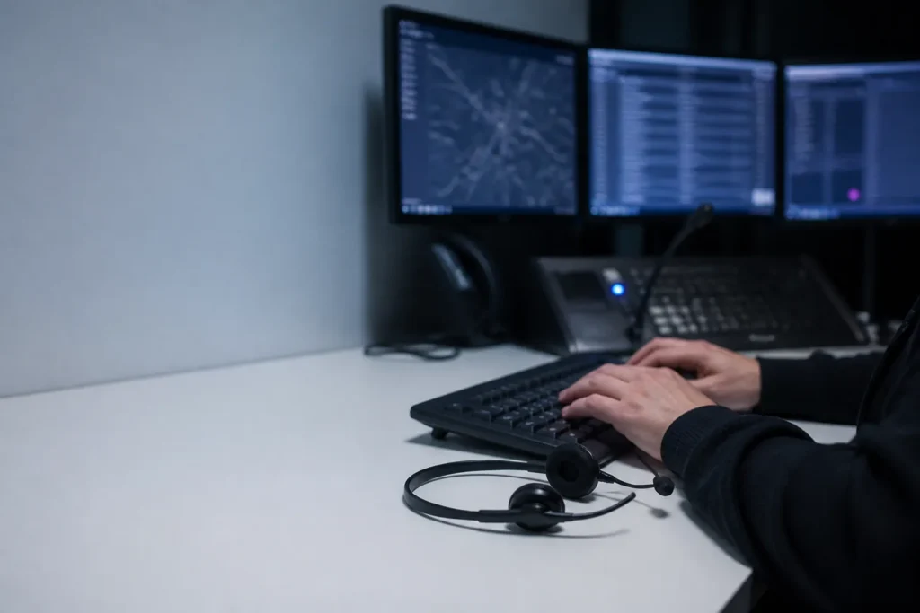 An emergency dispatcher's hands beside a headset at a low-lit console with monitors in the background.