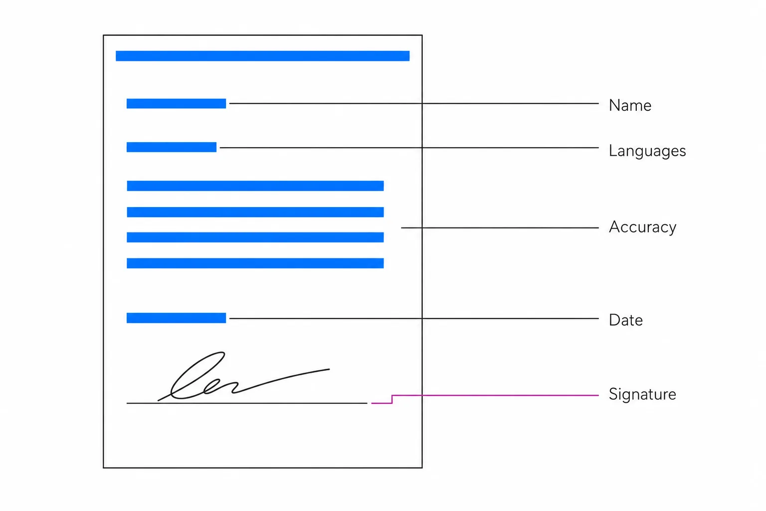Flat-vector anatomy diagram of a certificate of accuracy page with labelled leader lines for name, languages, accuracy statement, date, and signature.
