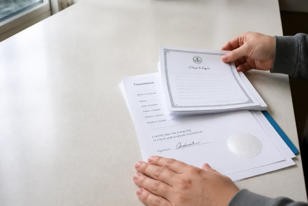 Hands at a courthouse filing counter arranging a foreign birth certificate, its English translation, and a signed certification page with a seal.