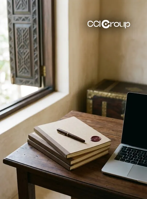 Notebooks pen wax seal and laptop on wooden desk for document translation