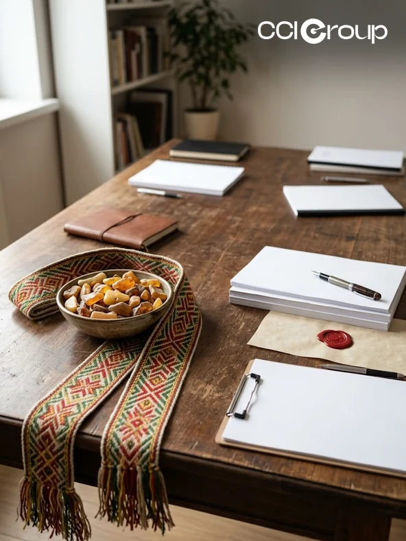 Certified Lithuanian translation by CCI Group, shown by blank documents, a fountain pen and a red wax seal beside a woven Lithuanian sash and a bowl of Baltic amber.
