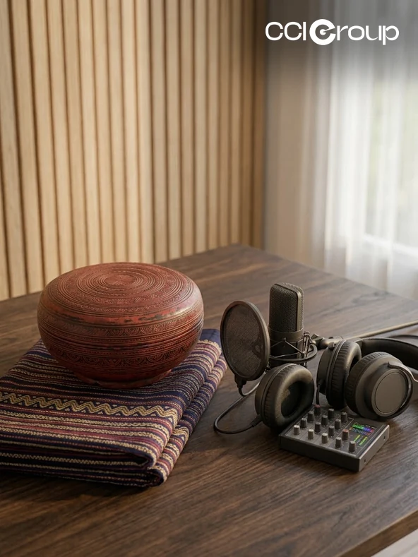 Burmese localization and multimedia services by CCI Group, shown by a studio microphone, headphones and audio mixer beside a red Burmese lacquerware bowl and a folded longyi textile.