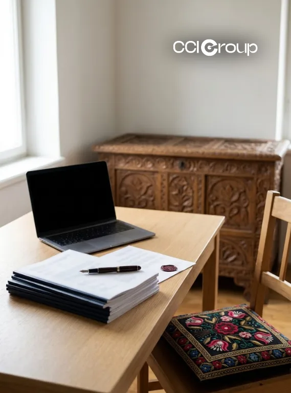MyCCIGroup wooden desk with laptop stack of documents fountain pen red wax seal and embroidered floral cushion for Bosnian translation services immigration and family records