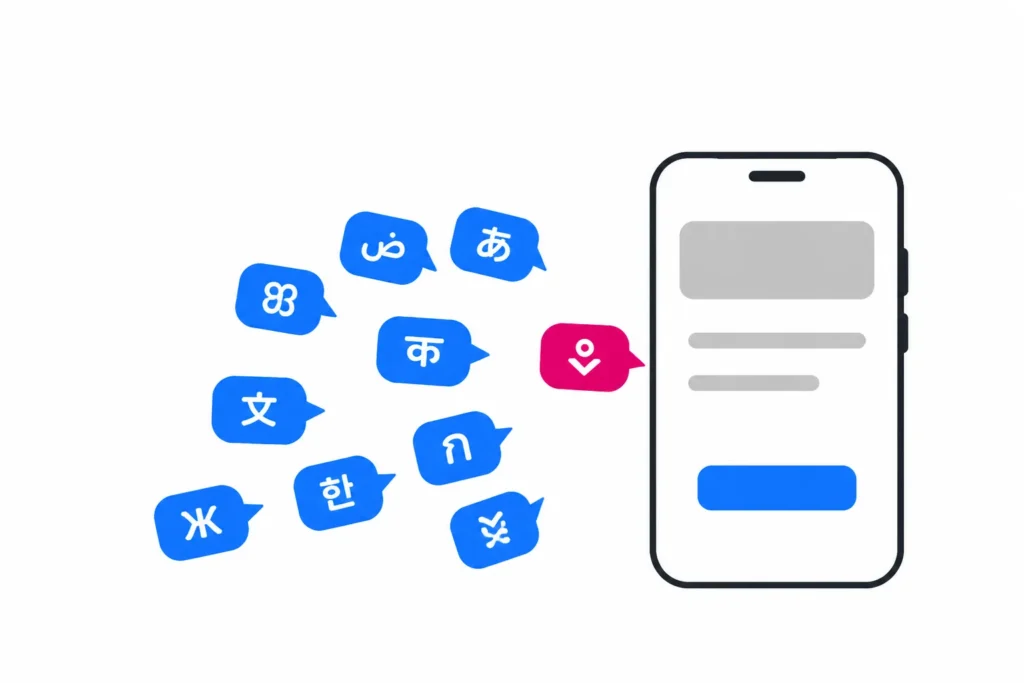 Flat vector illustration of a smartphone with its interface blocks connected to a spread of language chips, representing one app adapted for many markets.