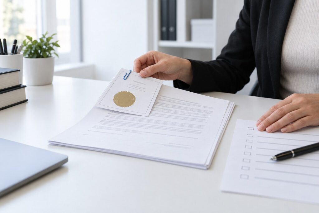 Hands holding an official certificate with an apostille page stapled to its corner on a desk in a legal office