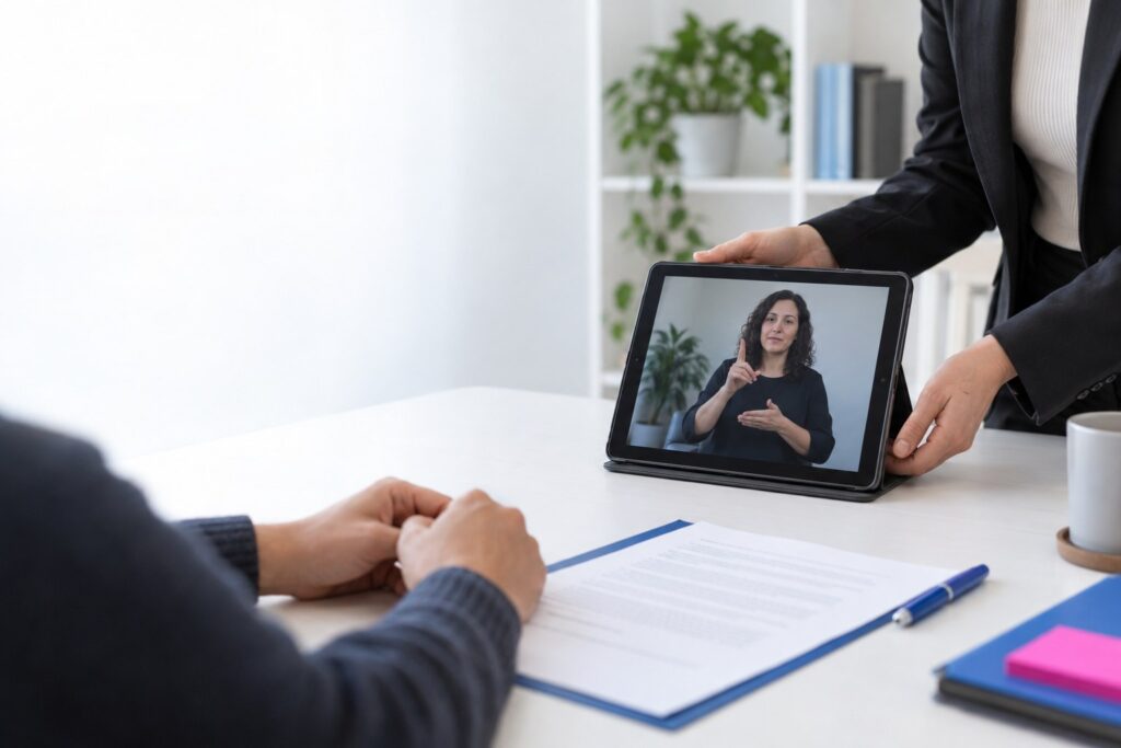 A tablet on a law office table shows a remote ASL interpreter while a client reviews a printed agreement
